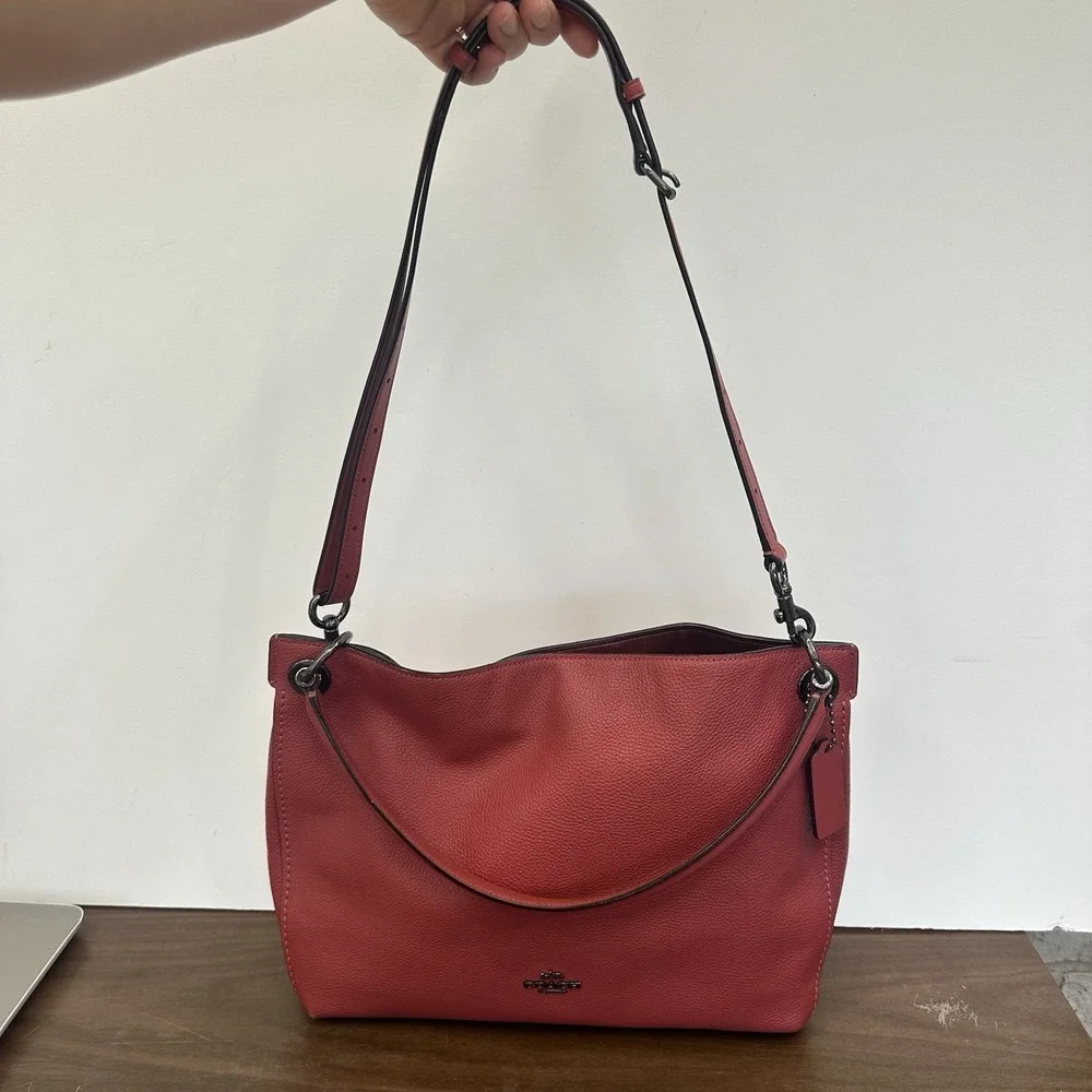 Coach 24947 Clarkson Coral Pink Pebbled Leather Magnetic Hobo Shoulder Bag Purse